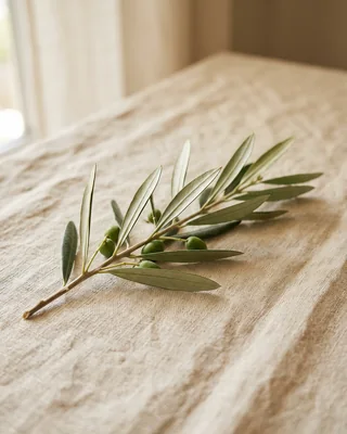 Branche d'olivier posée sur une nappe en lin