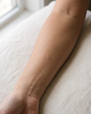 L'avant-bras de Léa, avec une fine cicatrice